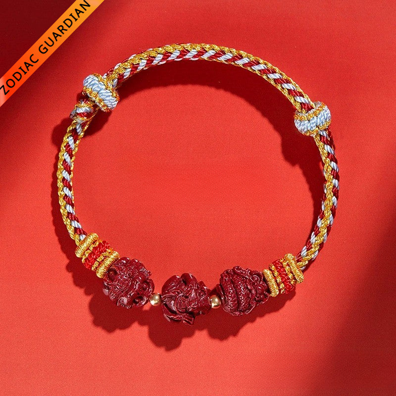 Cinnabar Zodiac Sign Bracelet for attracting good luck, protection, Buddhist Guardian blessings, wealth, and health with blue braided design2