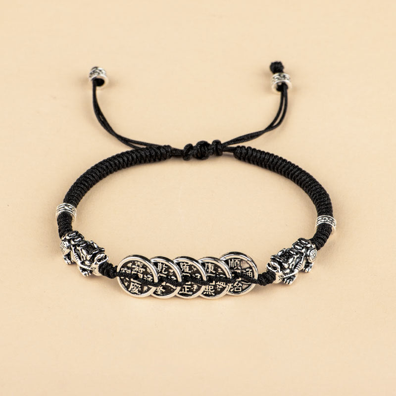 Five Emperors Coin Pixiu Braided Bracelet for good luck, protection, wealth, and health with Buddhist Guardian0