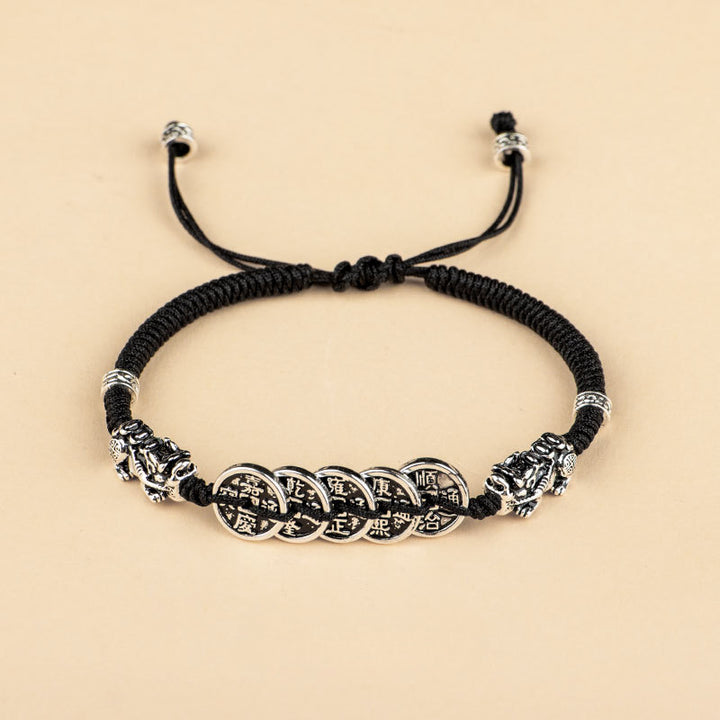 Five Emperors Coin Pixiu Braided Bracelet for good luck, protection, wealth, and health with Buddhist Guardian0