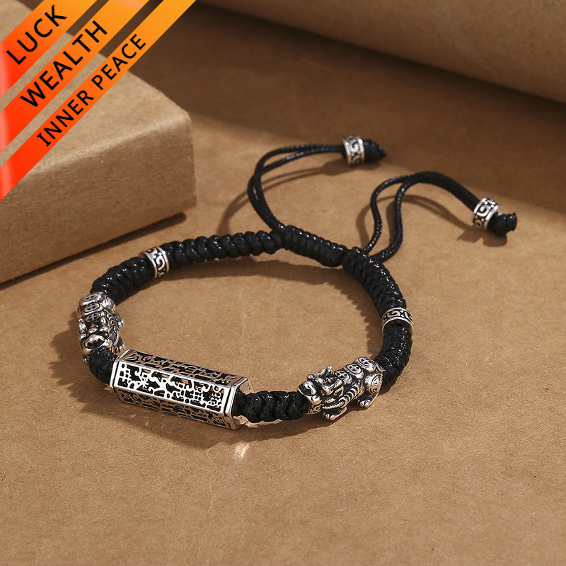 Six-Syllable Mantra Bracelet featuring Hollow Pixiu for good luck, protection, Buddhist Guardian, wealth, and health