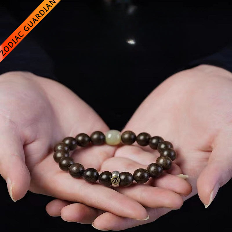 Natural Agarwood Zodiac Bracelet featuring Twelve Chinese Zodiac Bodhisattva for attracting good luck, protection, Buddhist Guardian blessings, wealth, and health