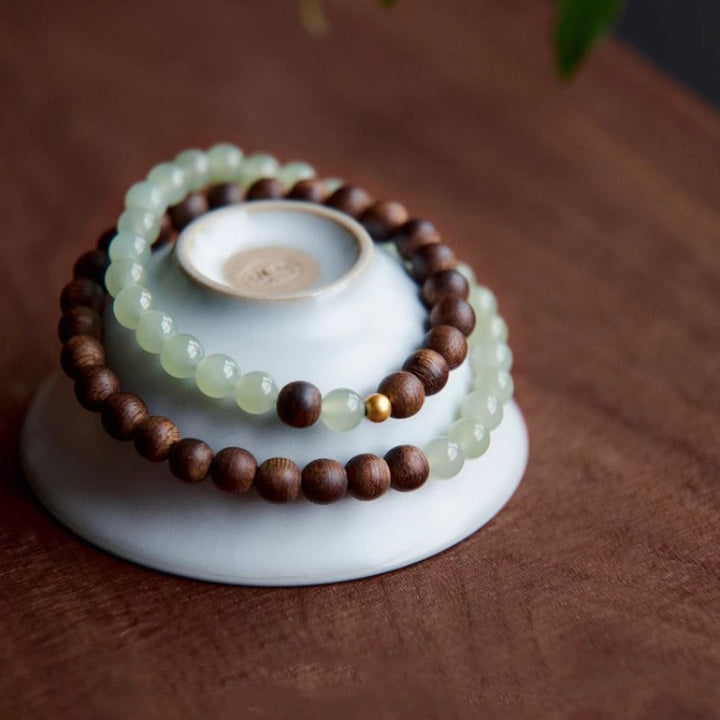 Double-Layer Hetian Jade and Agarwood Beaded Fortune Bracelet