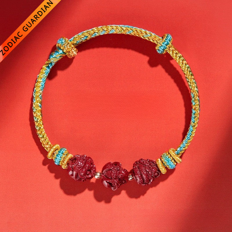 Cinnabar Zodiac Sign Bracelet for attracting good luck, protection, Buddhist Guardian blessings, wealth, and health with green braided design0