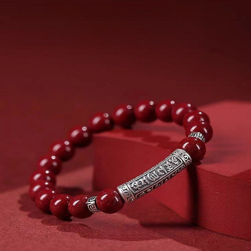 Sterling Silver Six-Syllable Mantra Cinnabar Bracelet