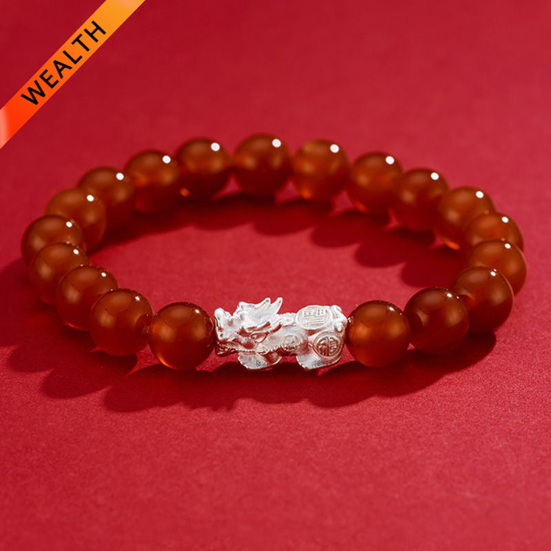 Natural Red Agate Silver Pixiu Bracelet for good luck, protection, Buddhist Guardian, wealth, and health