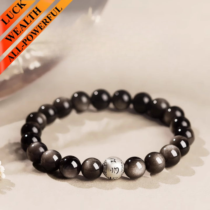 Silver Obsidian Six-Syllable Mantra Buddha Bead Bracelet