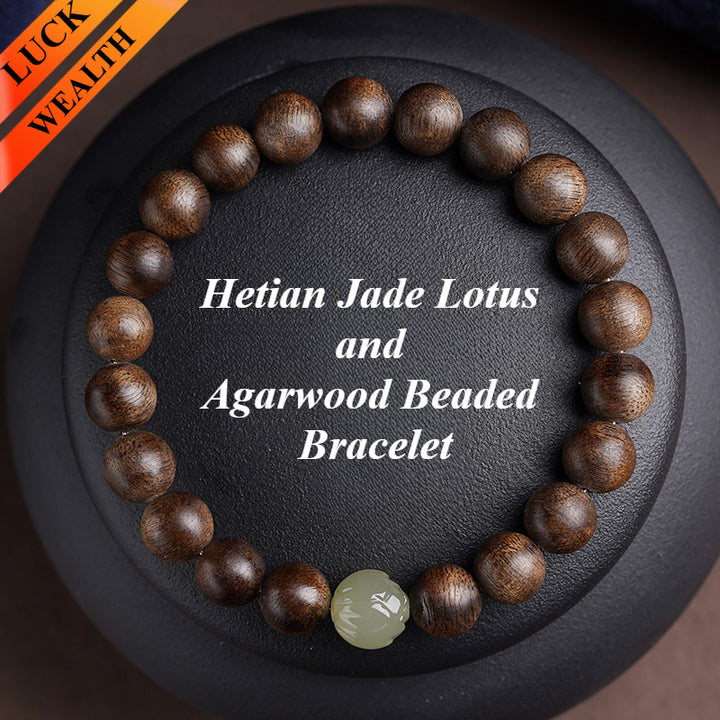 Hetian Jade Lotus and Agarwood Beaded Bracelet