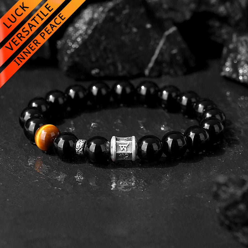 Six-Character Mantra Bracelet with Tiger's Eye for Good Luck, Protection, Buddhist Guardian, Wealth, and Health