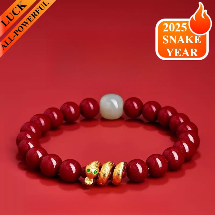 Sand Gold Coiled Snake Hetian Jade Cinnabar Bracelet