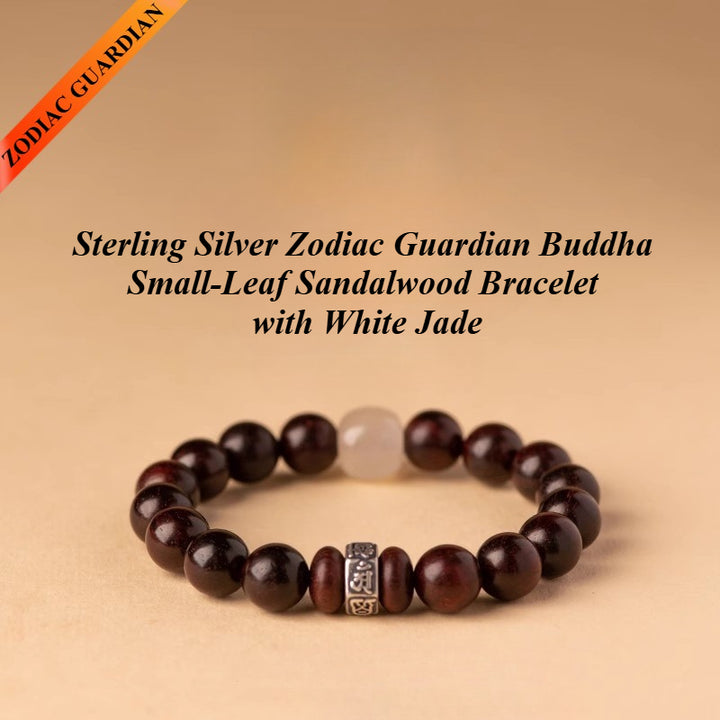 Sterling Silver Zodiac Guardian Buddha Small-Leaf Sandalwood Bracelet with White Jade