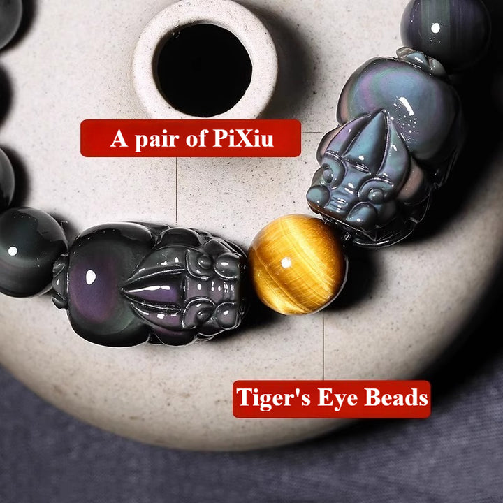 Tiger’s Eye and Obsidian Double Pixiu Bracelet