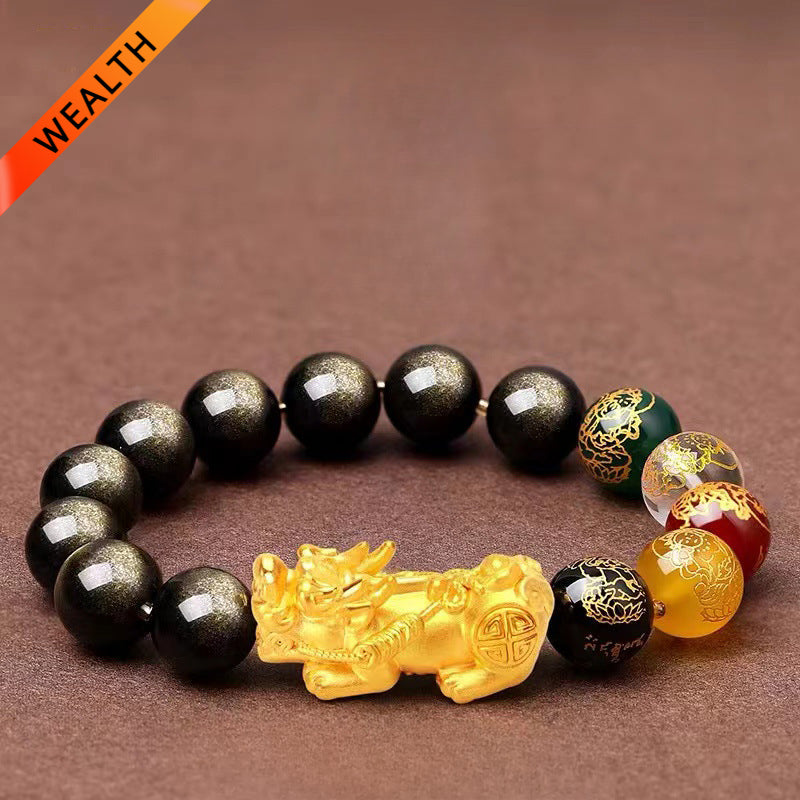 Five Wealth Gods Gold Obsidian Pixiu Bracelet for attracting good luck, protection, Buddhist Guardian blessings, wealth, and health1