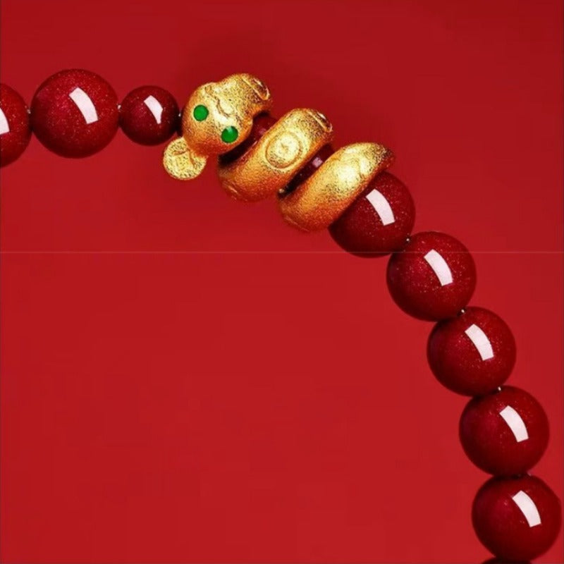 Sand Gold Coiled Snake Hetian Jade Cinnabar Bracelet