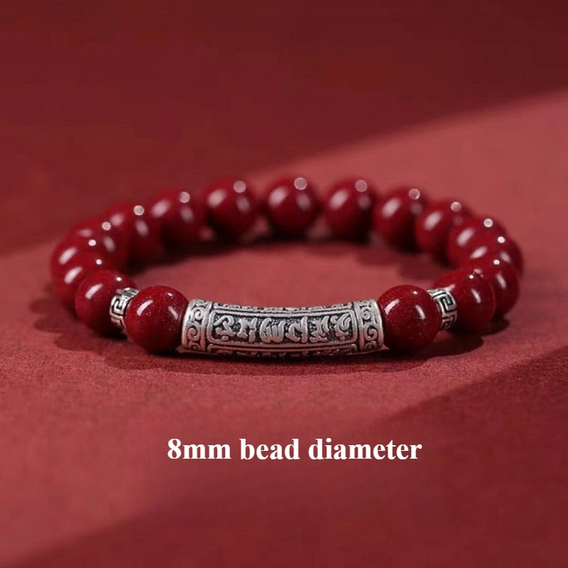 Sterling Silver Six-Syllable Mantra Cinnabar Bracelet