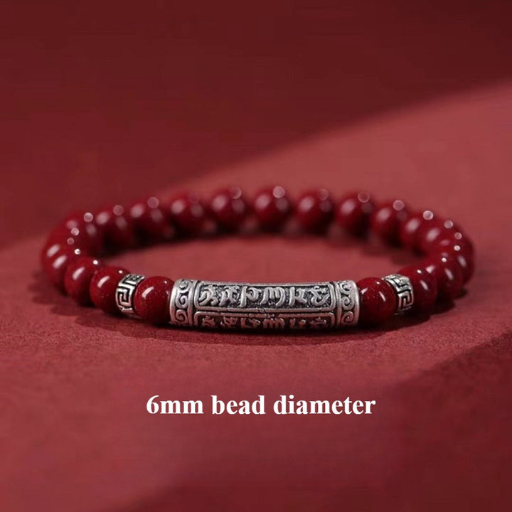 Sterling Silver Six-Syllable Mantra Cinnabar Bracelet