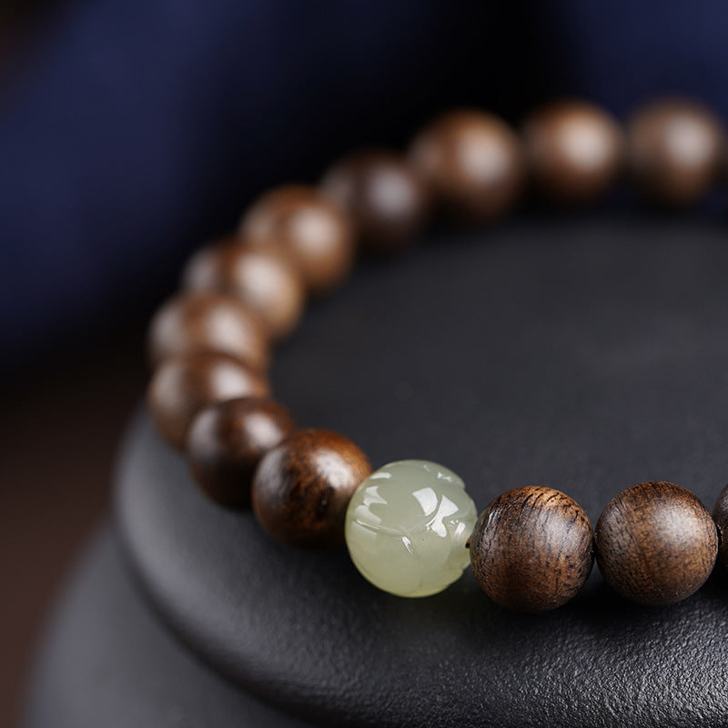 Hetian Jade Lotus and Agarwood Beaded Bracelet