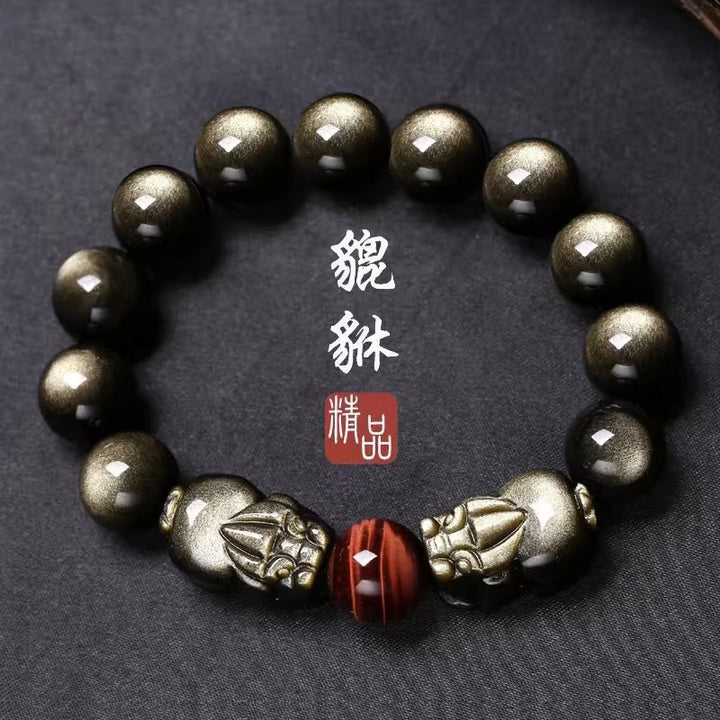 Tiger’s Eye and Obsidian Double Pixiu Bracelet