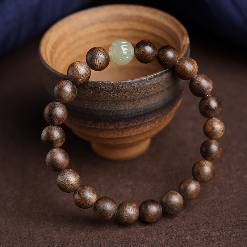 Hetian Jade Lotus and Agarwood Beaded Bracelet