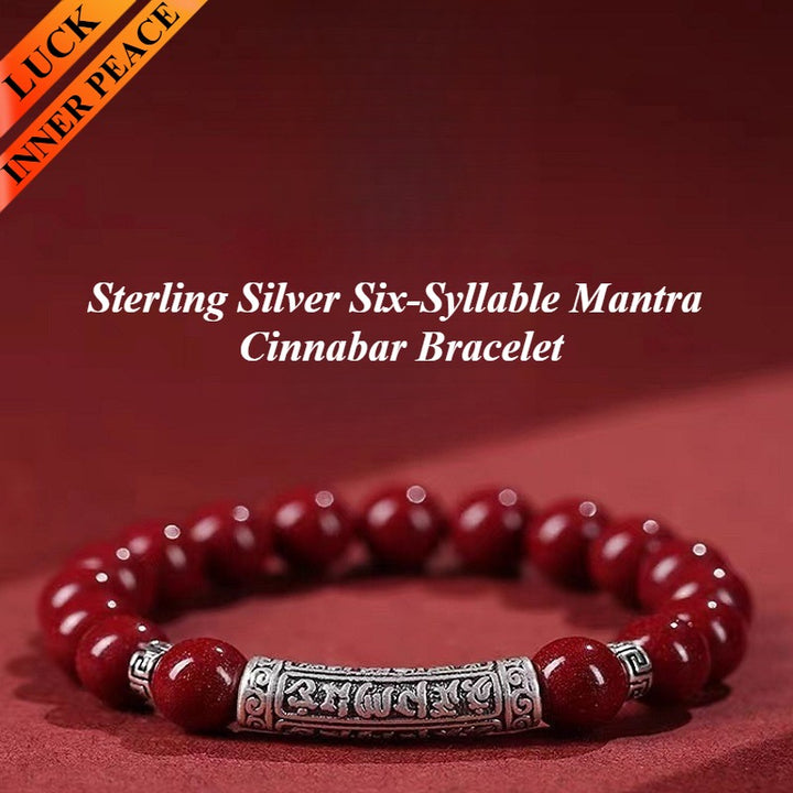 Sterling Silver Six-Syllable Mantra Cinnabar Bracelet