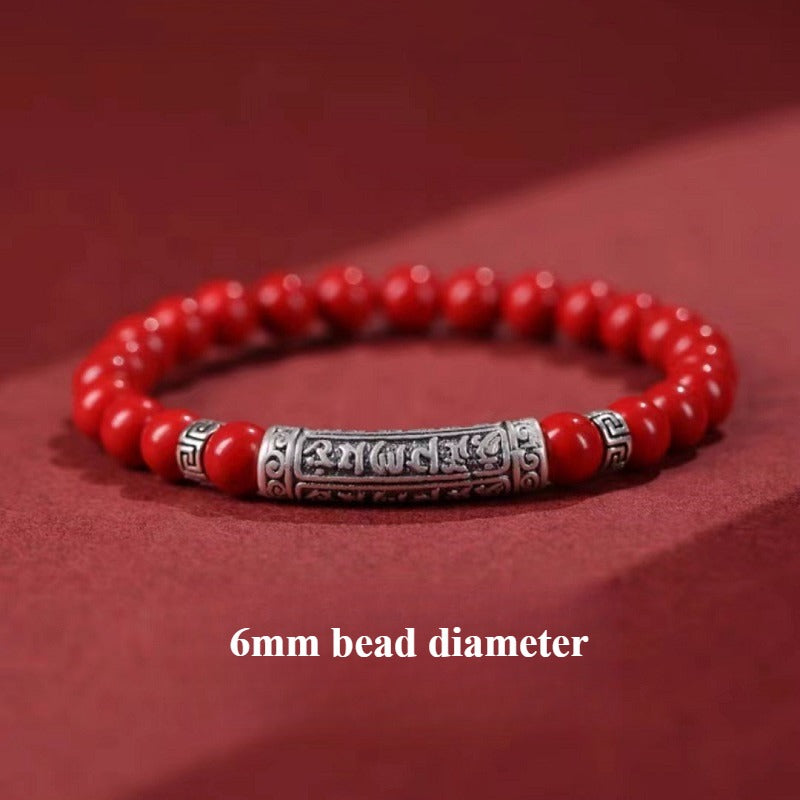 Sterling Silver Six-Syllable Mantra Cinnabar Bracelet