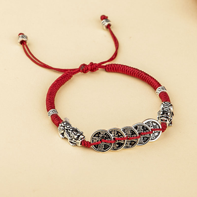 Five Emperors Coin Pixiu Braided Bracelet for good luck, protection, wealth, and health with Buddhist Guardian2