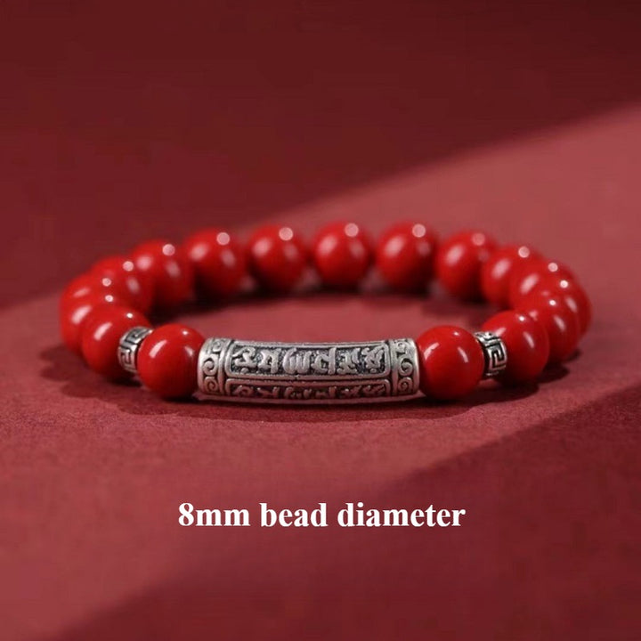 Sterling Silver Six-Syllable Mantra Cinnabar Bracelet