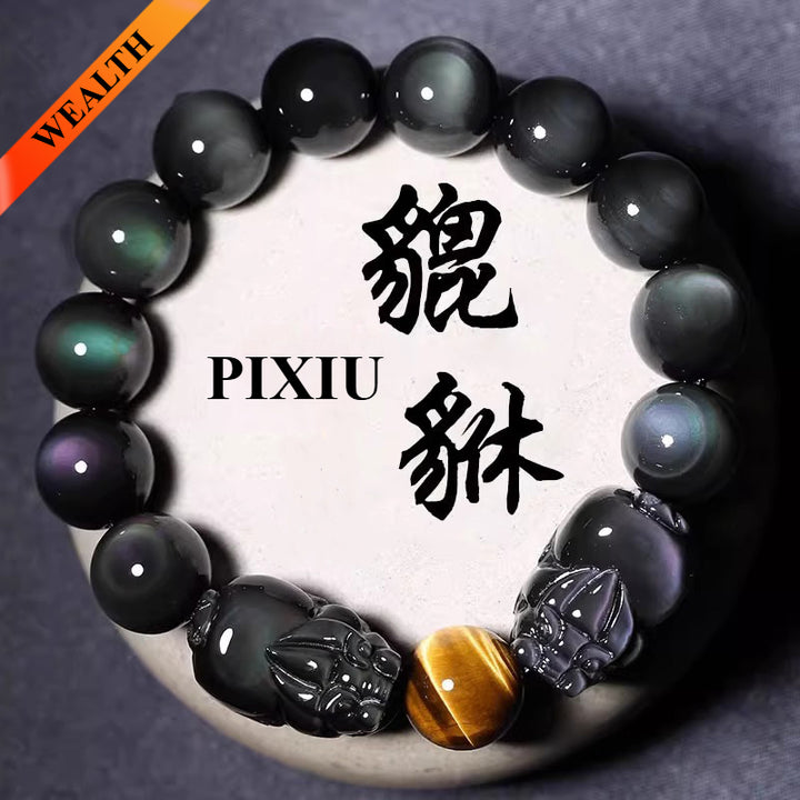 Tiger’s Eye and Obsidian Double Pixiu Bracelet