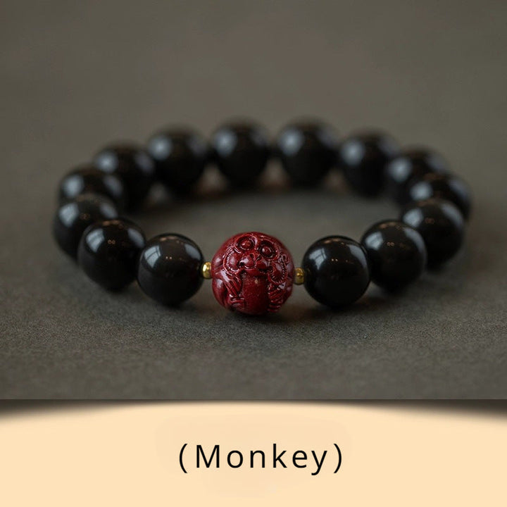Obsidian and Cinnabar bracelet featuring the Twelve Chinese Zodiac signs for attracting good luck, protection, Buddhist guardianship, and health6