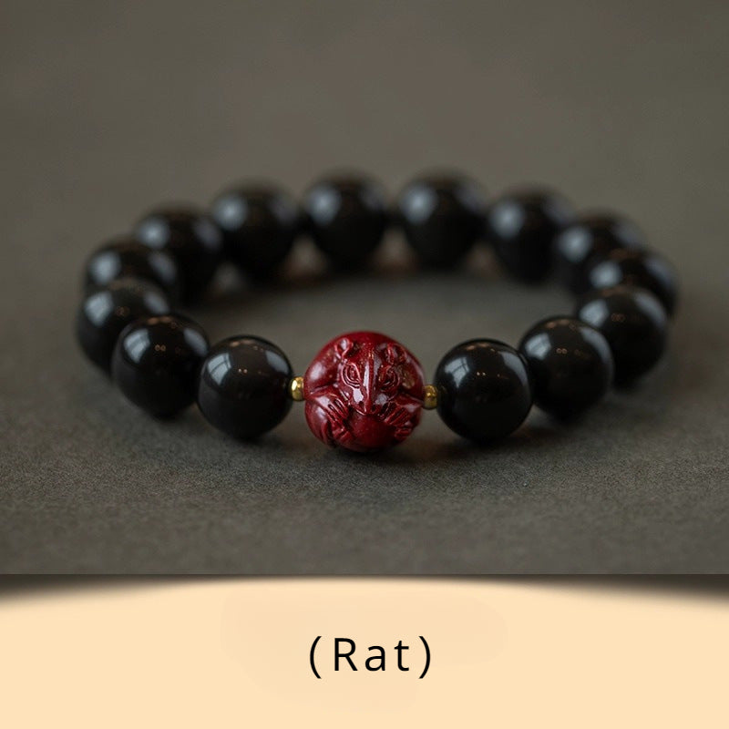 Obsidian and Cinnabar bracelet featuring the Twelve Chinese Zodiac signs for attracting good luck, protection, Buddhist guardianship, and health9