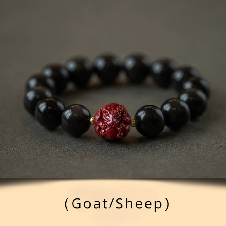 Obsidian and Cinnabar bracelet featuring the Twelve Chinese Zodiac signs for attracting good luck, protection, Buddhist guardianship, and health10
