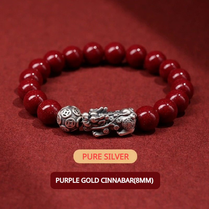 Sterling Silver Pixiu Cinnabar Bracelet for attracting good luck, protection, wealth, and health0