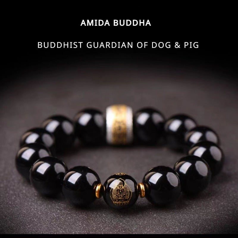 Obsidian Chinese Zodiac Guardian Bracelet with Jet Black Finish for attracting good luck, protection, Buddhist Guardian blessings, wealth, and health1