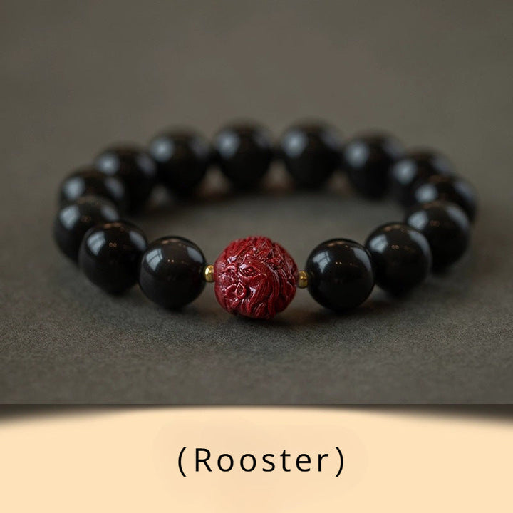 Obsidian and Cinnabar bracelet featuring the Twelve Chinese Zodiac signs for attracting good luck, protection, Buddhist guardianship, and health8