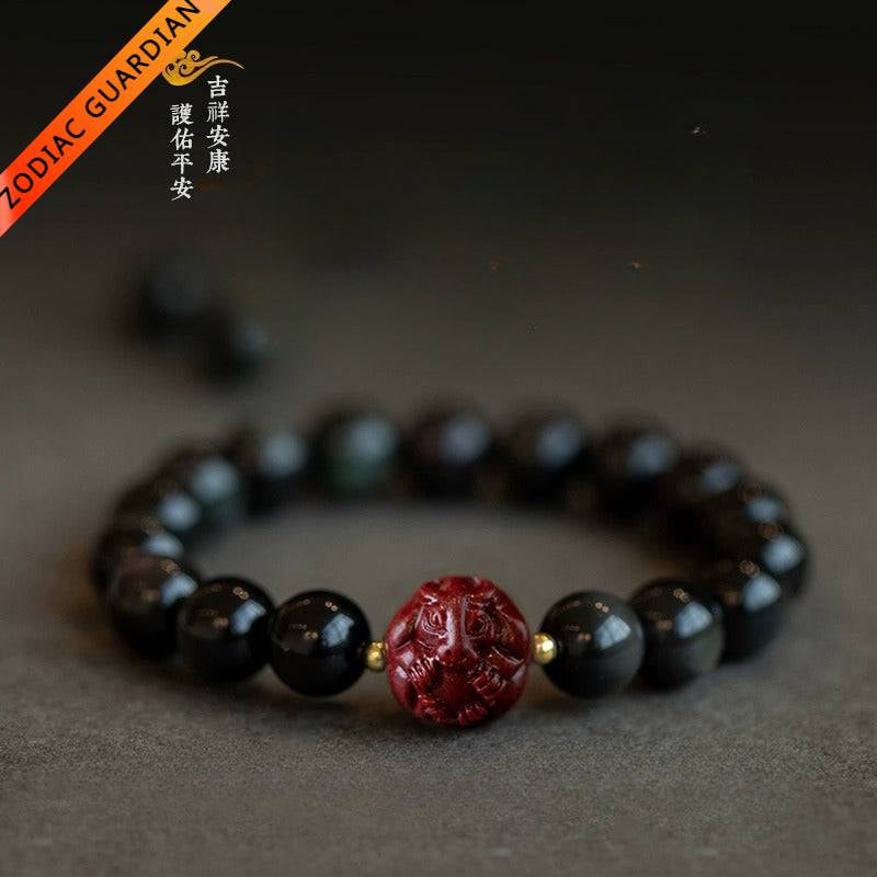 Obsidian and Cinnabar bracelet featuring the Twelve Chinese Zodiac signs for attracting good luck, protection, Buddhist guardianship, and health11
