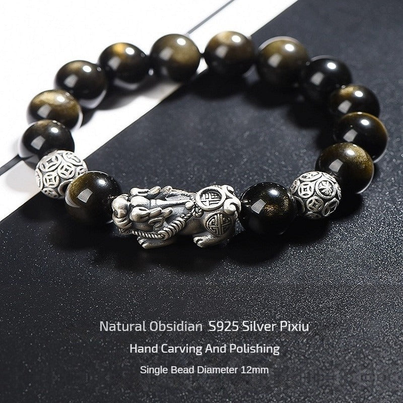 Natural Golden Obsidian S925 Silver Pixiu Bracelet for attracting good luck, protection, and wealth0