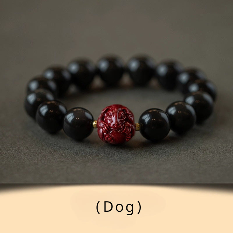 Obsidian and Cinnabar bracelet featuring the Twelve Chinese Zodiac signs for attracting good luck, protection, Buddhist guardianship, and health3