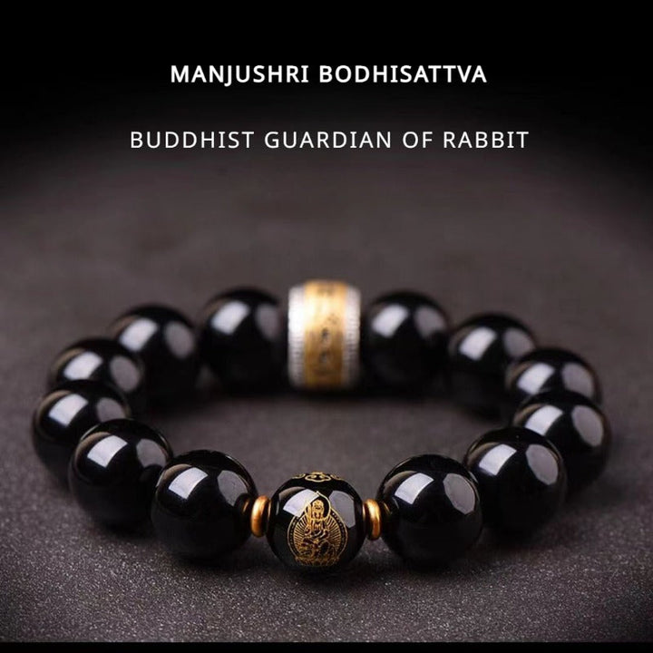 Obsidian Chinese Zodiac Guardian Bracelet with Jet Black Finish for attracting good luck, protection, Buddhist Guardian blessings, wealth, and health5